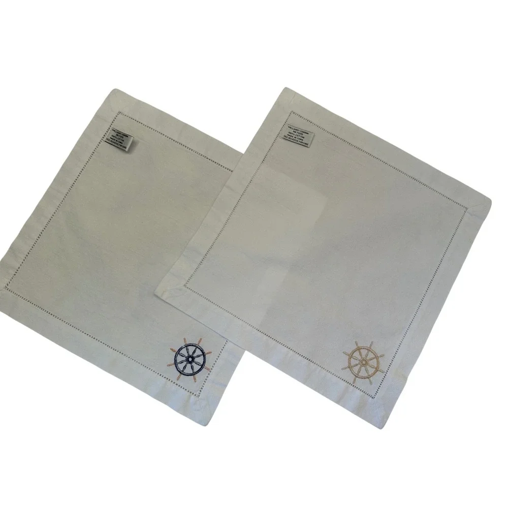 Williams Sonoma Nautical Hemstitch‎ Cotton Napkins Cocktail Bar Set of 2, READ